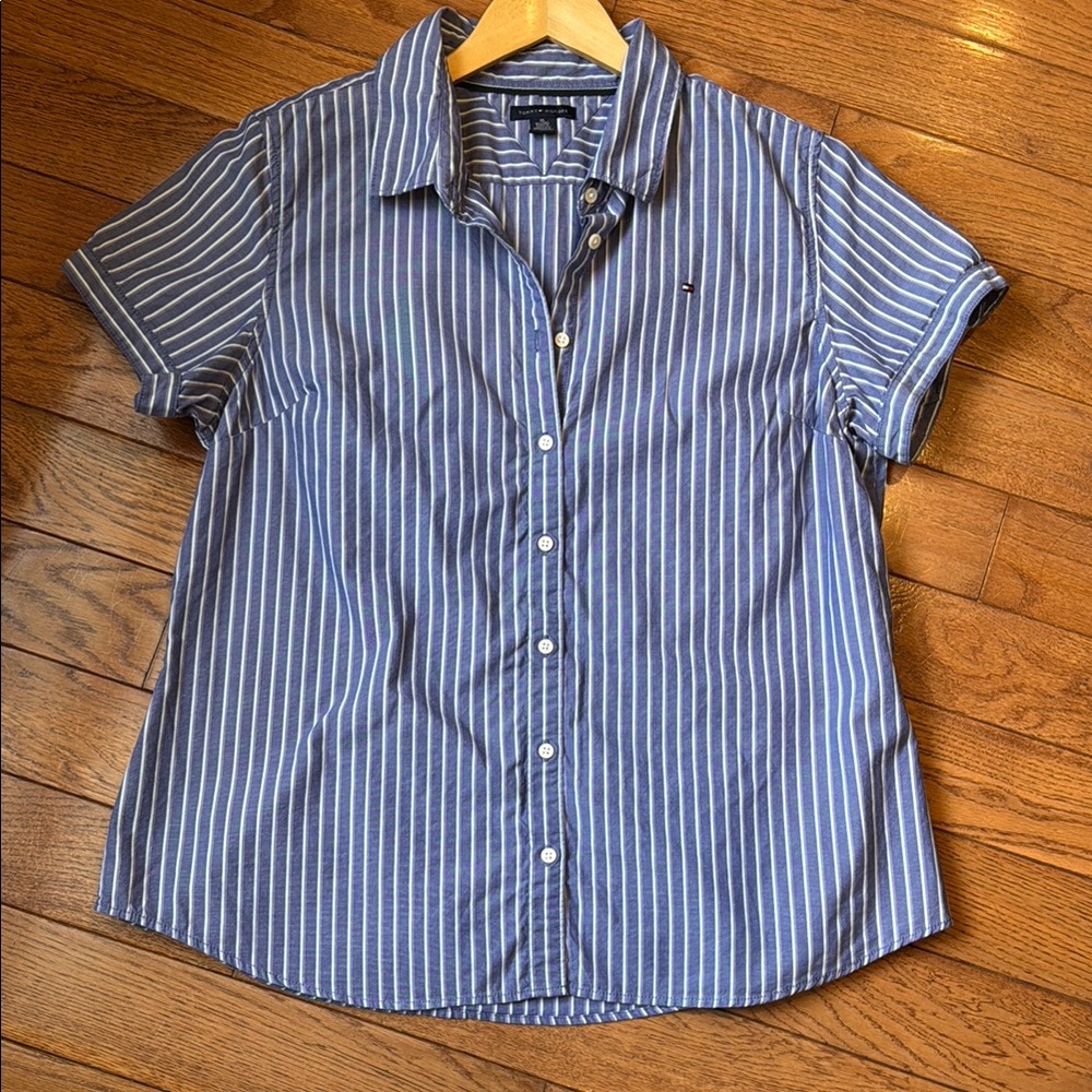 Tommy Hilfiger BLue & White Striped Button-Up Short Sleeve Shirt